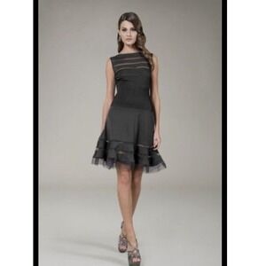 Tadashi Shoji Black Illusion Mesh Stripe Pintuck Jersey Cocktail Dress Size XS